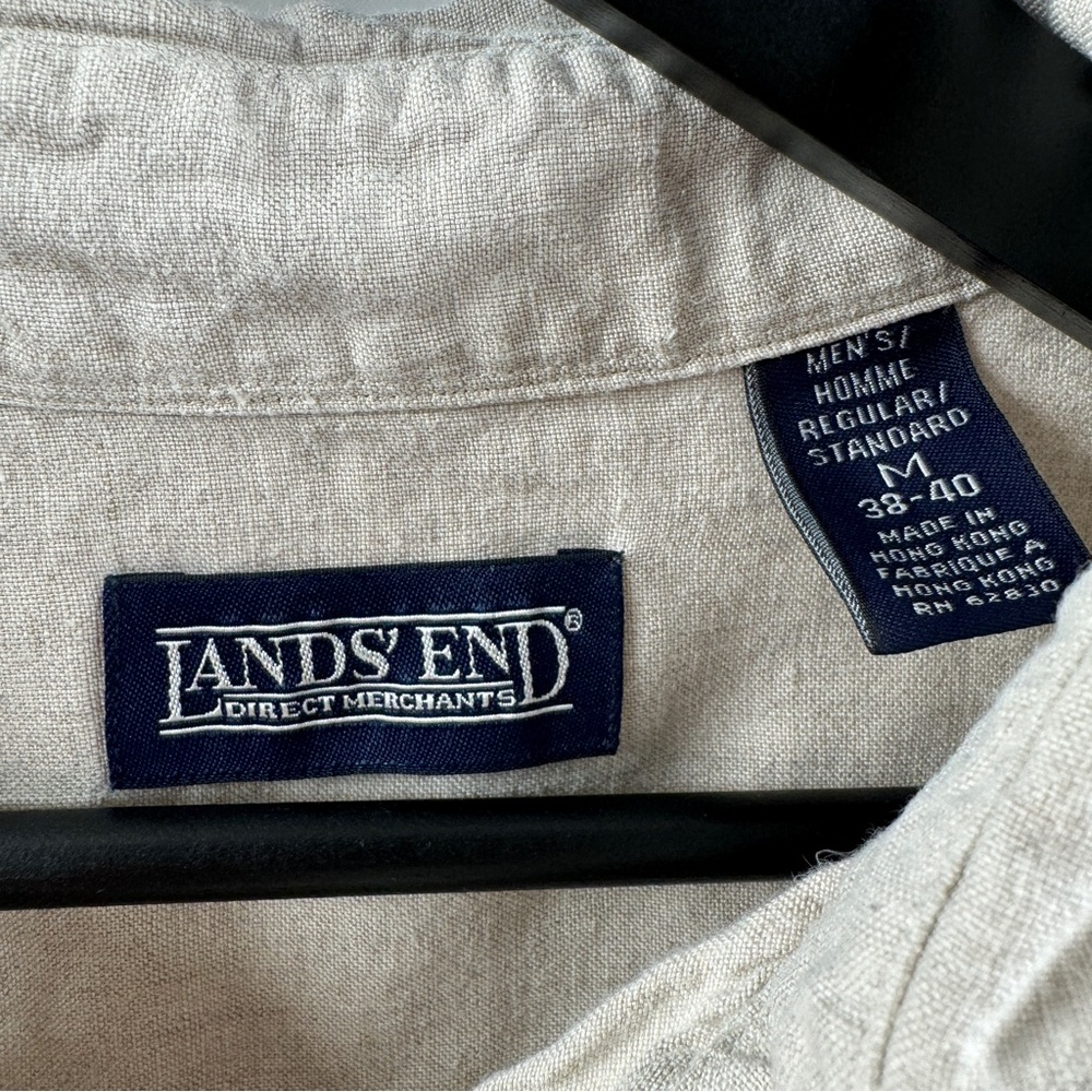 Lands’ End 100% Irish Linen Beige Short Sleeve Button-Up Size Medium Regular - Picture 5 of 8